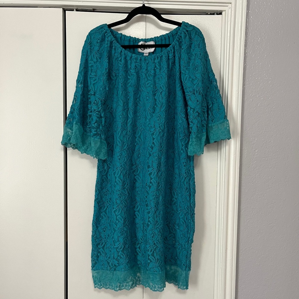 L&B Turquoise Lace Bell Sleeve Dress S M Off Shoulder Boho